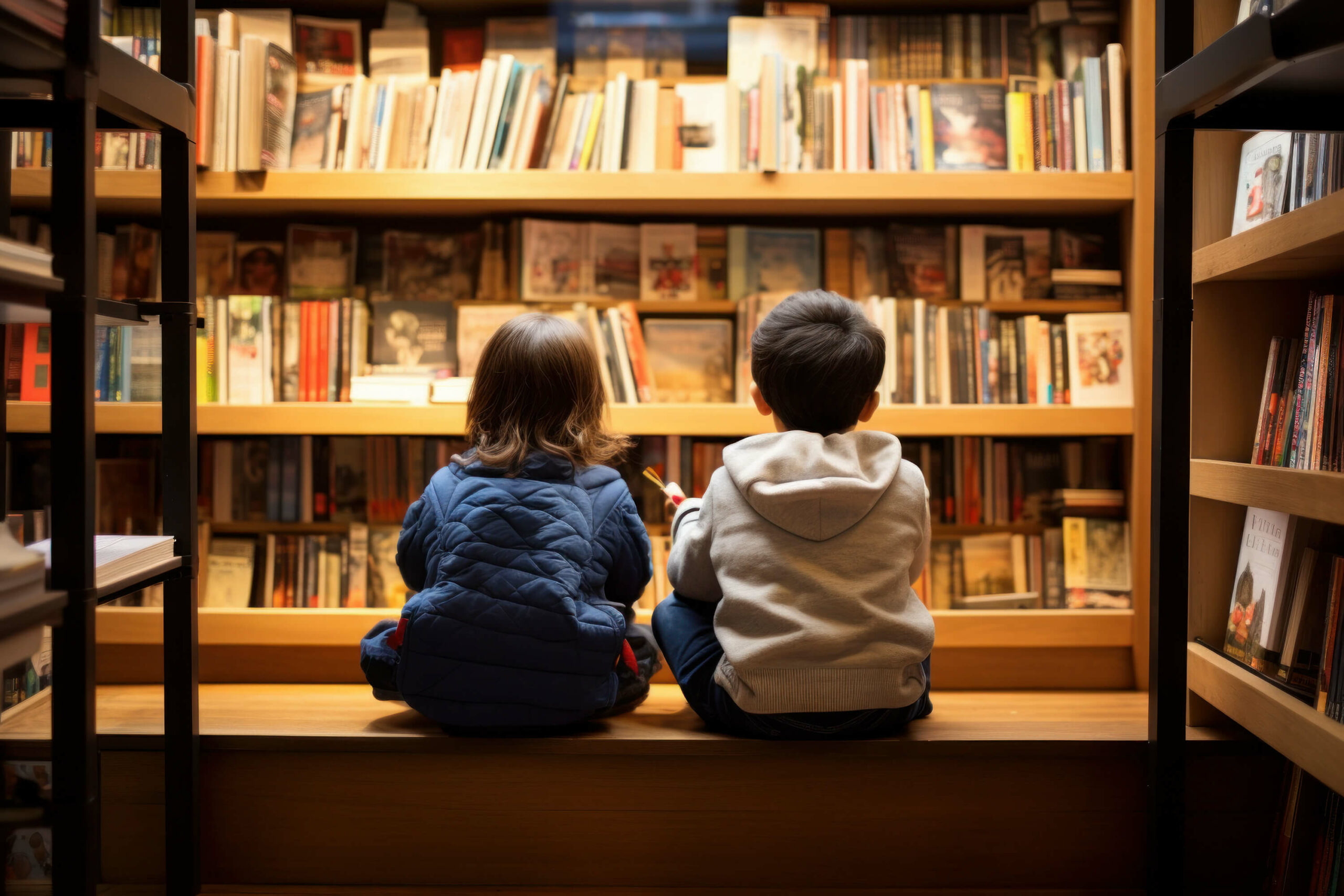 Children looking at book shelf